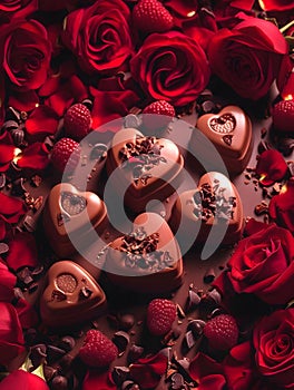 chocolate and strawberries on a brown, in the style of fluid photography