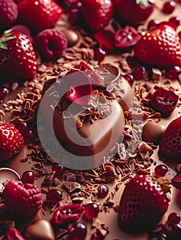 chocolate and strawberries on a brown, in the style of fluid photography