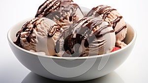 Chocolate and Strawberry Flavour Ice Cream Scoops in one White Bowl on White Selective Focus Background