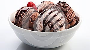 Chocolate and Strawberry Flavour Ice Cream Scoops in one White Bowl on White Selective Focus Background