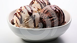 Chocolate and Strawberry Flavour Ice Cream Scoops in one White Bowl on White Selective Focus Background