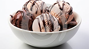 Chocolate and Strawberry Flavour Ice Cream Scoops in one White Bowl on White Selective Focus Background