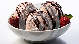 Chocolate and Strawberry Flavour Ice Cream Scoops in one White Bowl on White Selective Focus Background