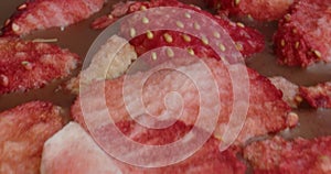 Chocolate with strawberry particles - Macro footage