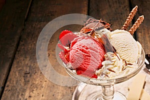 Chocolate, strawberry and vanilla ice cream