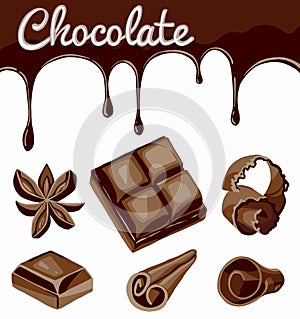 Chocolate streams, curls, candies and cacao beans isolated on white
