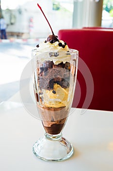 Chocolate sundae in the clear glass cup