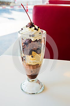 Chocolate sundae in the clear glass cup