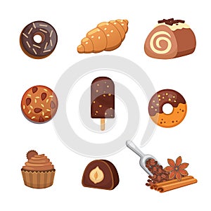 Chocolate sweet dessert icons. Organic food vector