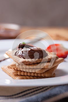 Chocolate sweet melting nougat cream on cookies with strawberries