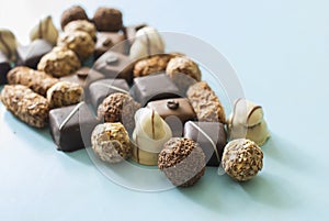 Chocolate sweets. Set of chocolates assortment on the table