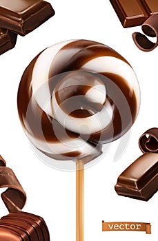 Chocolate swirl candy, lollipop. 3d realistic vector icon
