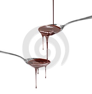 Chocolate syrup dripping from a spoon on a spoon
