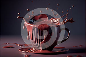 Chocolate Syrup Spilling Over Aromatic Dark Coffee Splashing in a Cappuccino cup on Dark and on moody backdrop AI Generative