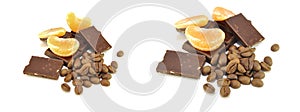 Chocolate and tangerine on white background close-up. Food, sweet, snack, cooking, delicious