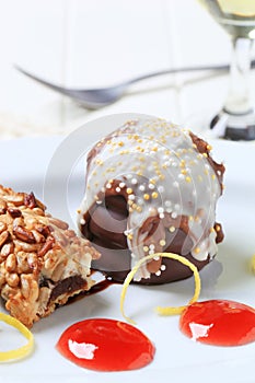 Chocolate teacake and fruit-filled bar cookie