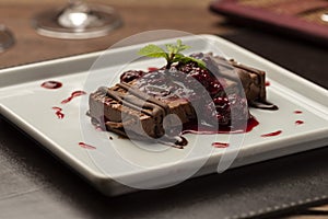 Chocolate terrine cake piece with raspberry syrup