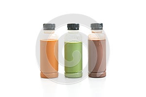 Chocolate, Thai milk tea and Matcha green tea in plastic bottle