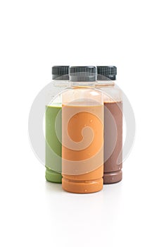 Chocolate, Thai milk tea and Matcha green tea in plastic bottle