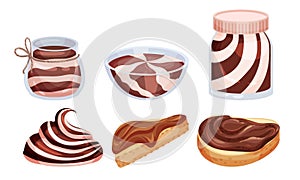 Chocolate Thick Paste in Bowl and Spreaded on Bread Vector Set