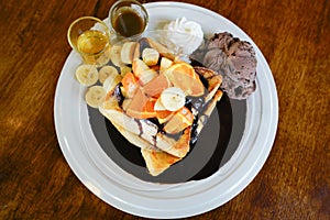 Chocolate toast and ice cream with Mixed Fruit