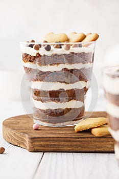Chocolate trifle. Festive layered dessert in a glass.