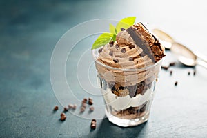 Chocolate trifle dessert in a glass