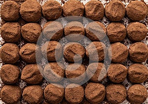 Chocolate truffle candy background. Rows of tasty truffle balls texture. Gourmet candies of dark chocolate in cocoa powder. Sweet