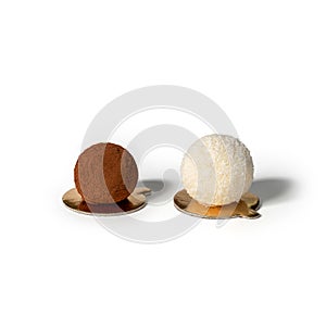 Chocolate truffle and coconut truffle balls isolated on white background. Candy bar, sweets and dessert