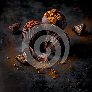 Chocolate truffles with gooey date centres on dark stone