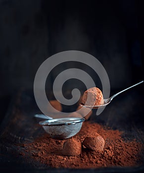 Chocolate truffles. Homemade truffle chocolate candies with cocoa powder