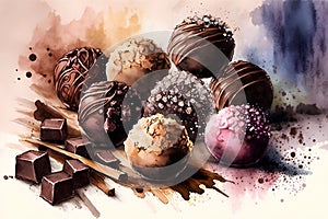 Chocolate truffles. Watercolor painting on a white background