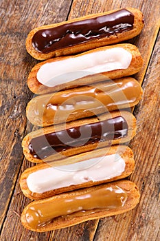 Chocolate, vanilla and coffee eclair