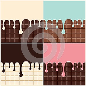 Chocolate, vanilla cream, pink and blue cream. Set of melted cream and chocolate dripping down on chocolate bar background