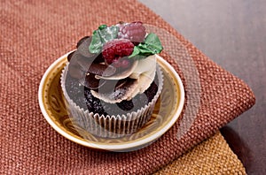 Chocolate vanilla cupcake with raspberries still life stock images