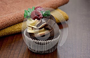 Chocolate vanilla cupcake with raspberries still life stock images