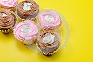 Chocolate and vanilla cupcakes with whipped raspberry and coffee cream on a yellow background. Selective focus