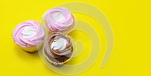 Chocolate and vanilla cupcakes with whipped raspberry and coffee cream on a yellow background. Selective focus