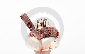 Chocolate and vanilla ice cream in cup on white background.