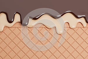 Chocolate and Vanilla Ice Cream Melted on Wafer Background.,3d model and illustration