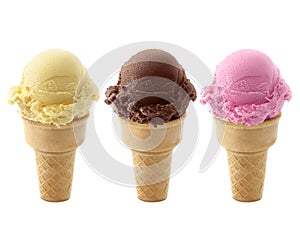 Chocolate, vanilla and strawberry Ice cream in the cone on white background