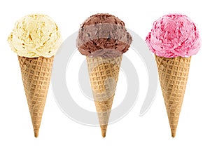 Chocolate, vanilla and strawberry Ice Cream photo