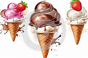 Chocolate, vanilla and strawberry Ice cream in the cone on white background with clipping path.