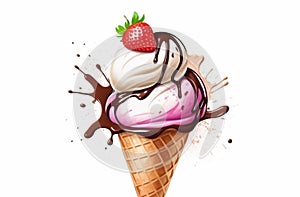 Chocolate, vanilla and strawberry Ice cream in the cone on white background with clipping path.