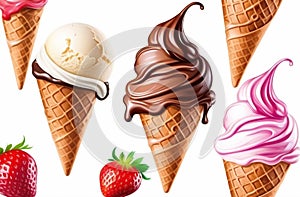 Chocolate, vanilla and strawberry Ice cream in the cone on white background with clipping path.