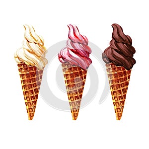 Chocolate, vanilla and strawberry ice cream or frozen custard in a waffle cone, set of dessert, isolated, hand drawn