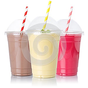 Chocolate vanilla strawberry milk shake milkshake collection straw in a cup isolated on white