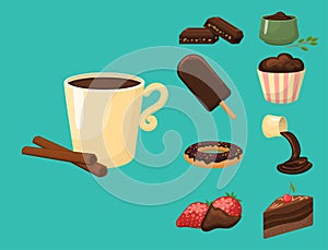 Chocolate various tasty sweets and candies sweet brown delicious gourmet sugar cocoa snack vector illustration