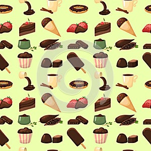 Chocolate various tasty sweets seamless pattern background candies sweet brown delicious gourmet sugar cocoa snack