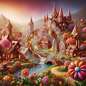 A chocolate village with river in a fantasy land, colorful chocolate flowers, houses, beautiful scene, wallpaper